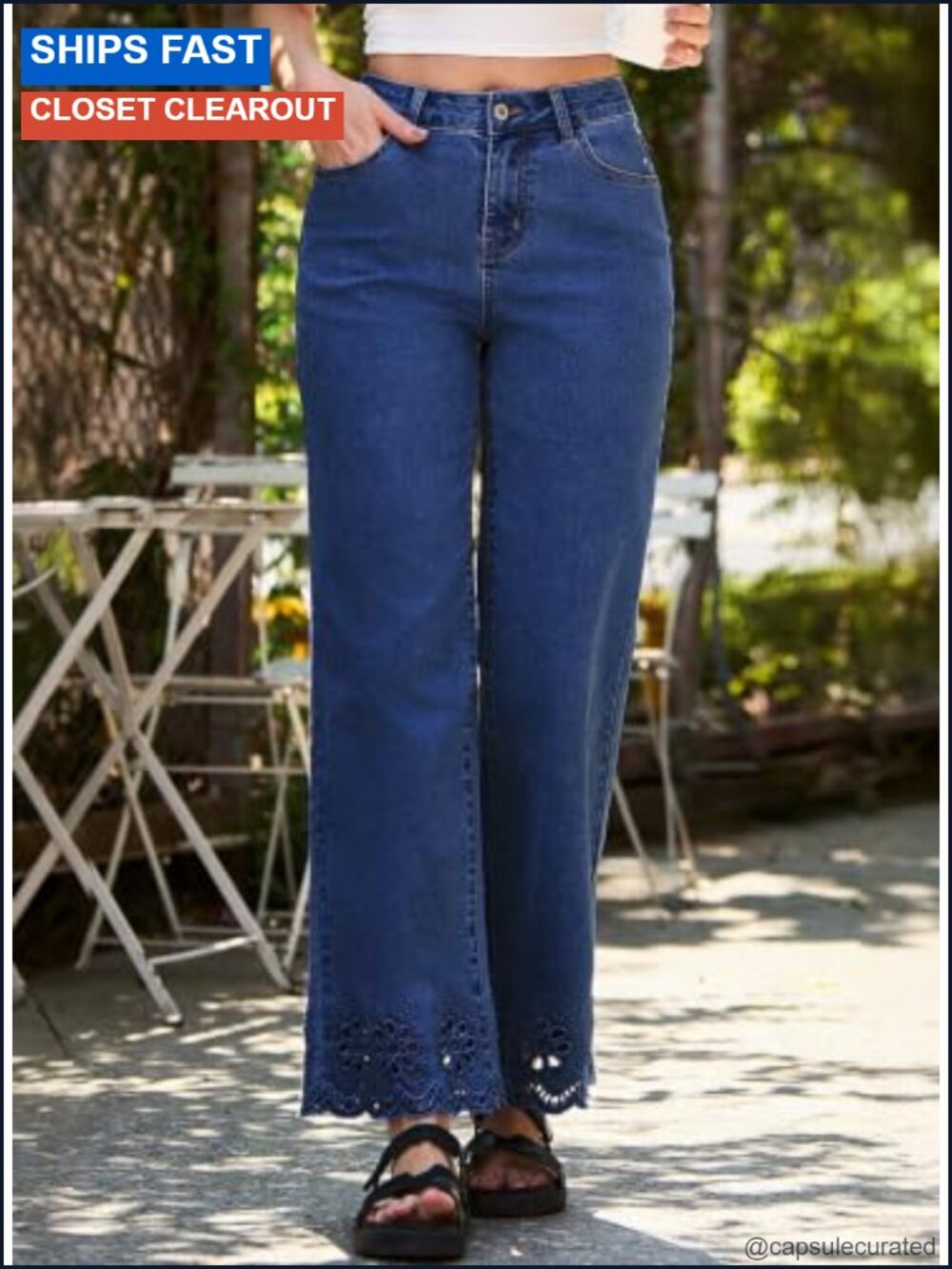 Wide Leg Embroidered Stretch Denim Jeans High Waist Ankle Cutout - Picture 6 of 6